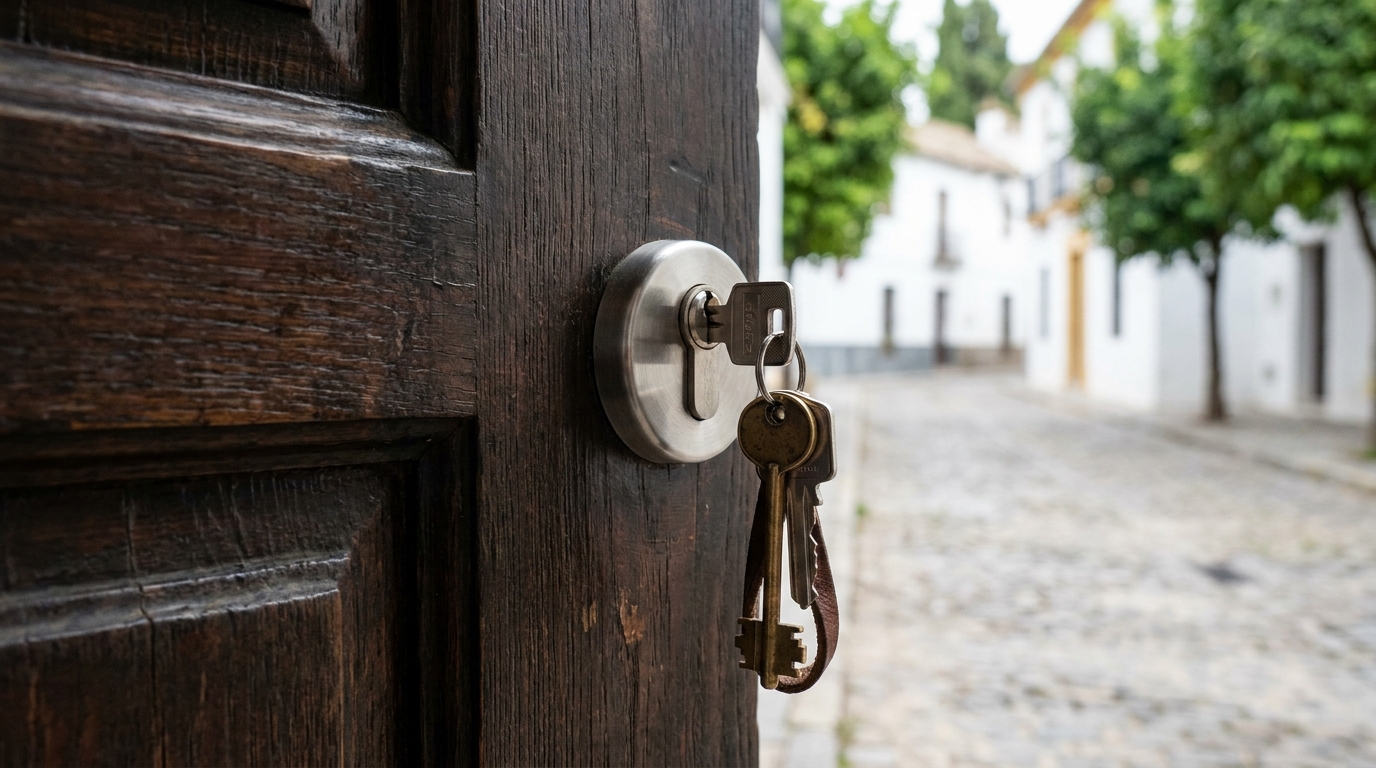 Cerradura de cilindro europeo en puerta de entrada de vivienda, vulnerable al bumping sin protección adicional
