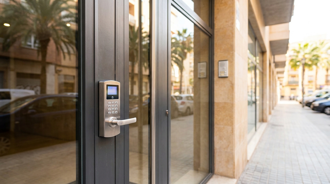 Cerradura electrónica para comunidades instalada en portal de edificio residencial moderno