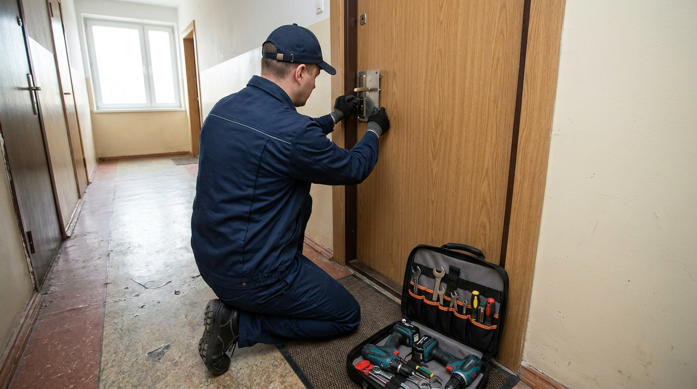 Instalación profesional de escudo de seguridad para bombín en puerta blindada