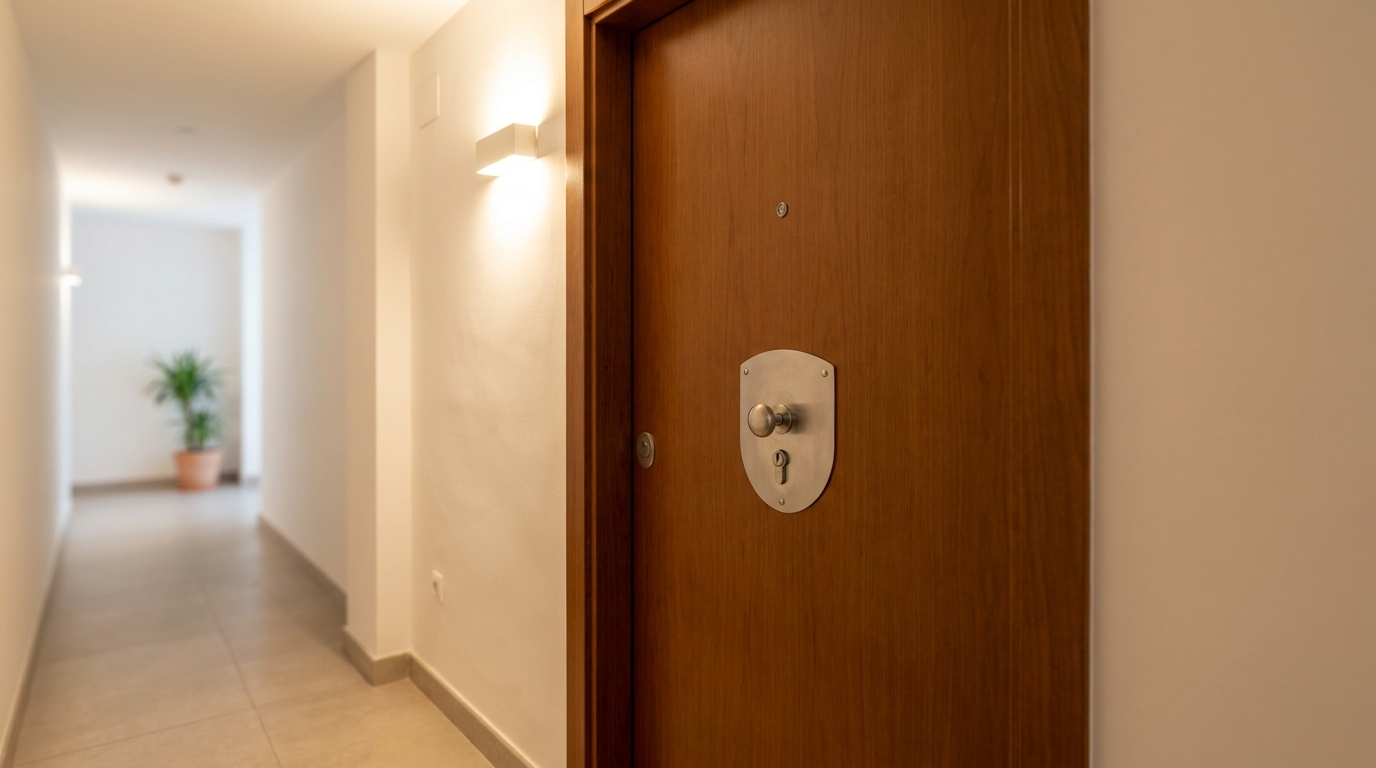 Escudo de seguridad para bombín instalado en puerta de entrada de vivienda