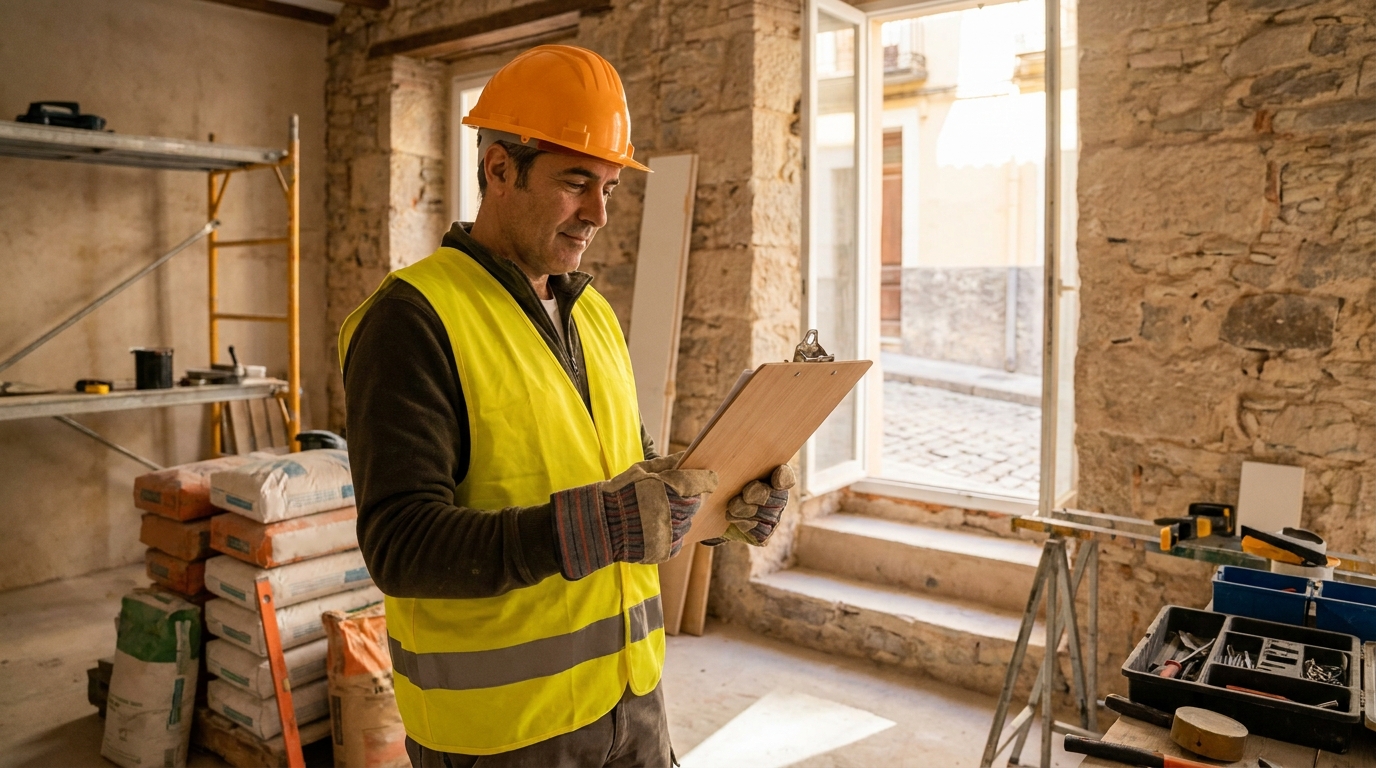 Trabajador revisando el plan de seguridad y salud en una reforma de vivienda