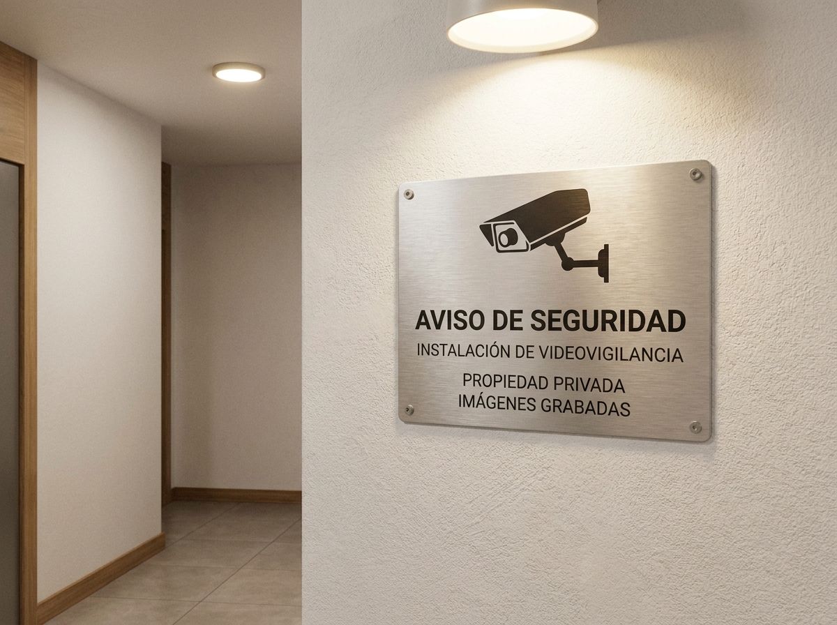 Cartelería informativa de zona videovigilada en una comunidad de propietarios según la normativa de protección de datos