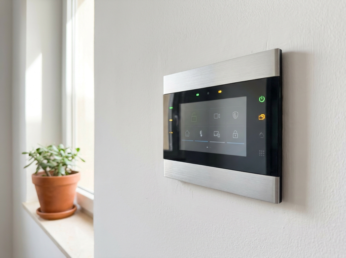 Panel de control de sistema de alarma conectado a central receptora en vivienda residencial