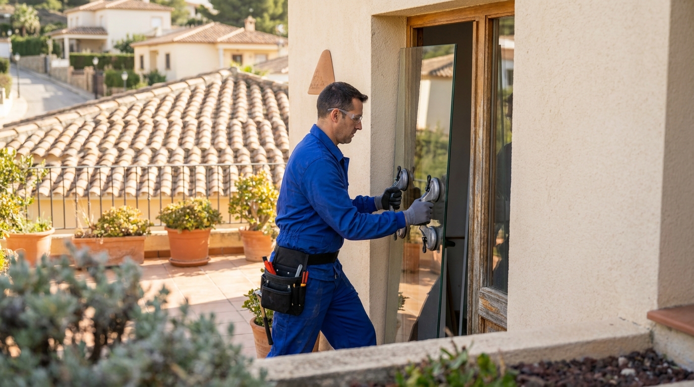 Instalador colocando cristal de seguridad en puerta acristalada de vivienda