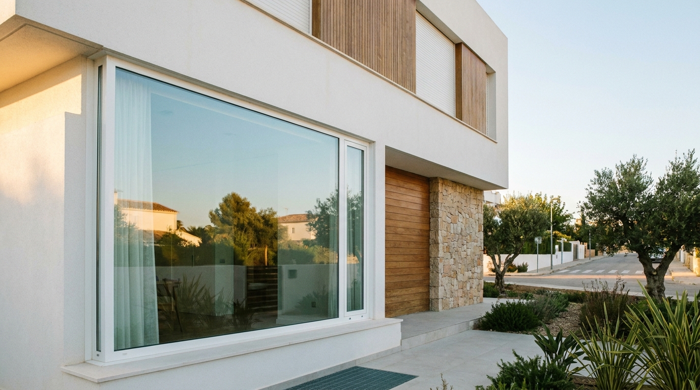 Ventana con cristal de seguridad instalado en fachada de vivienda residencial