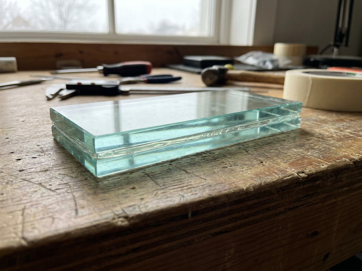 Sección transversal de cristal de seguridad laminado con lámina PVB visible