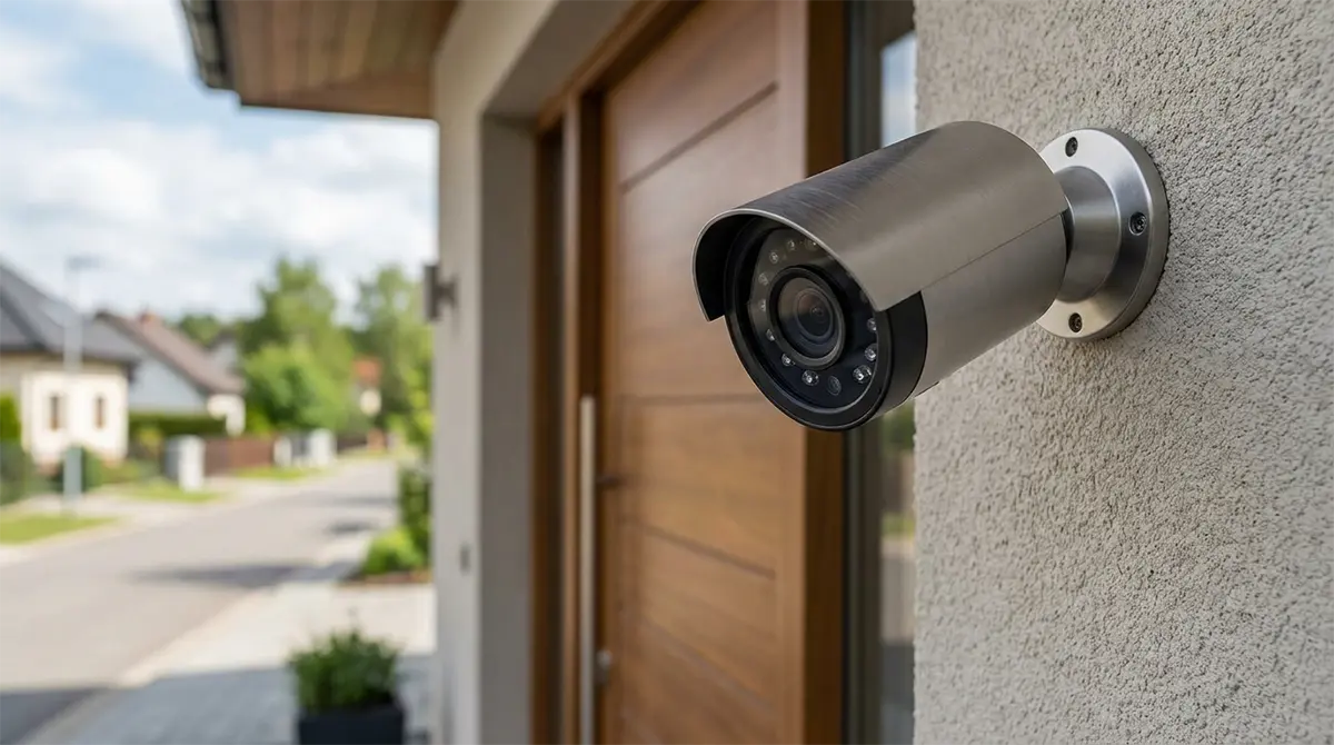 Cámara de seguridad tipo bala instalada en el exterior de una vivienda