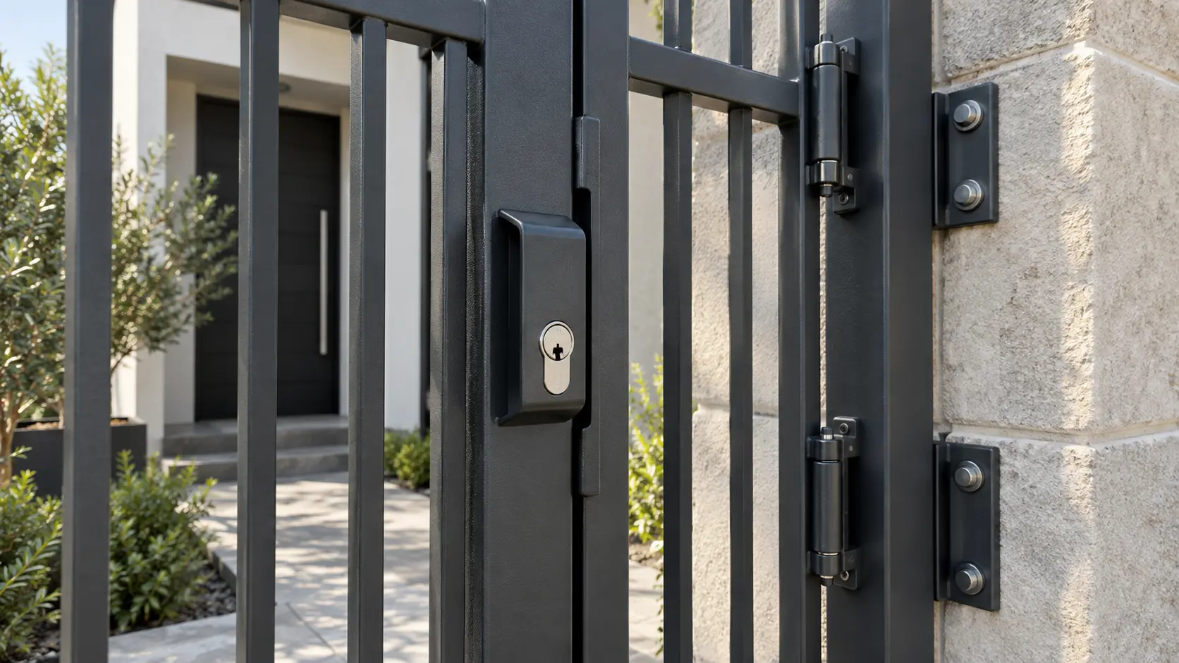 Detalle de cerradura, bisagras y anclajes de una verja de seguridad
