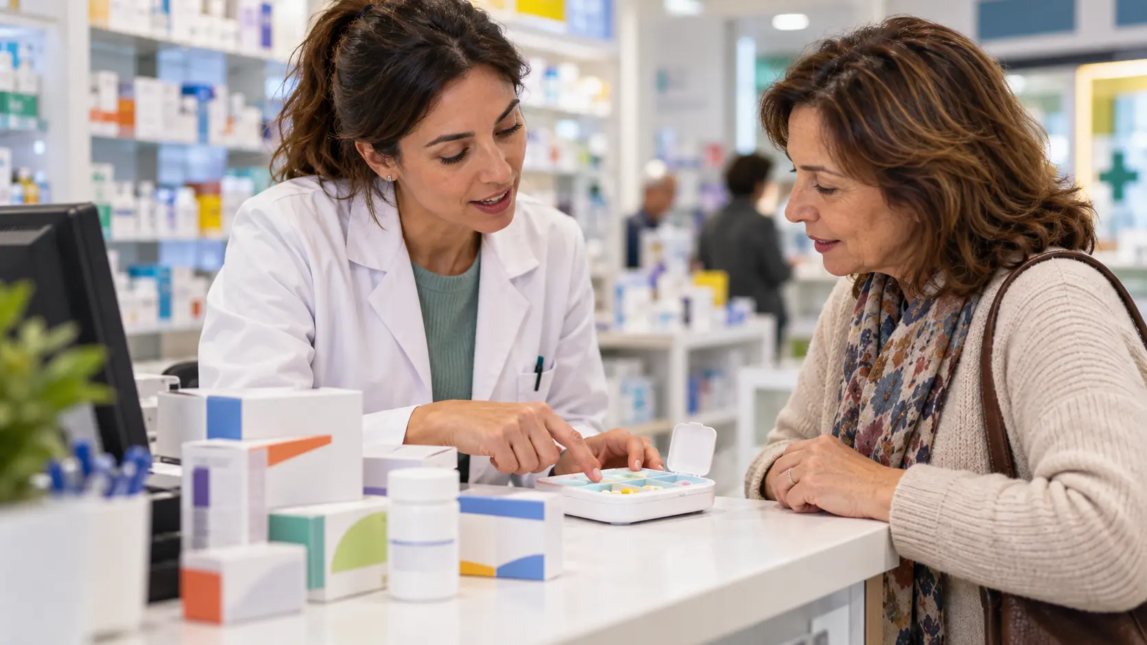 Farmacéutica orientando sobre la organización de medicamentos en un pastillero