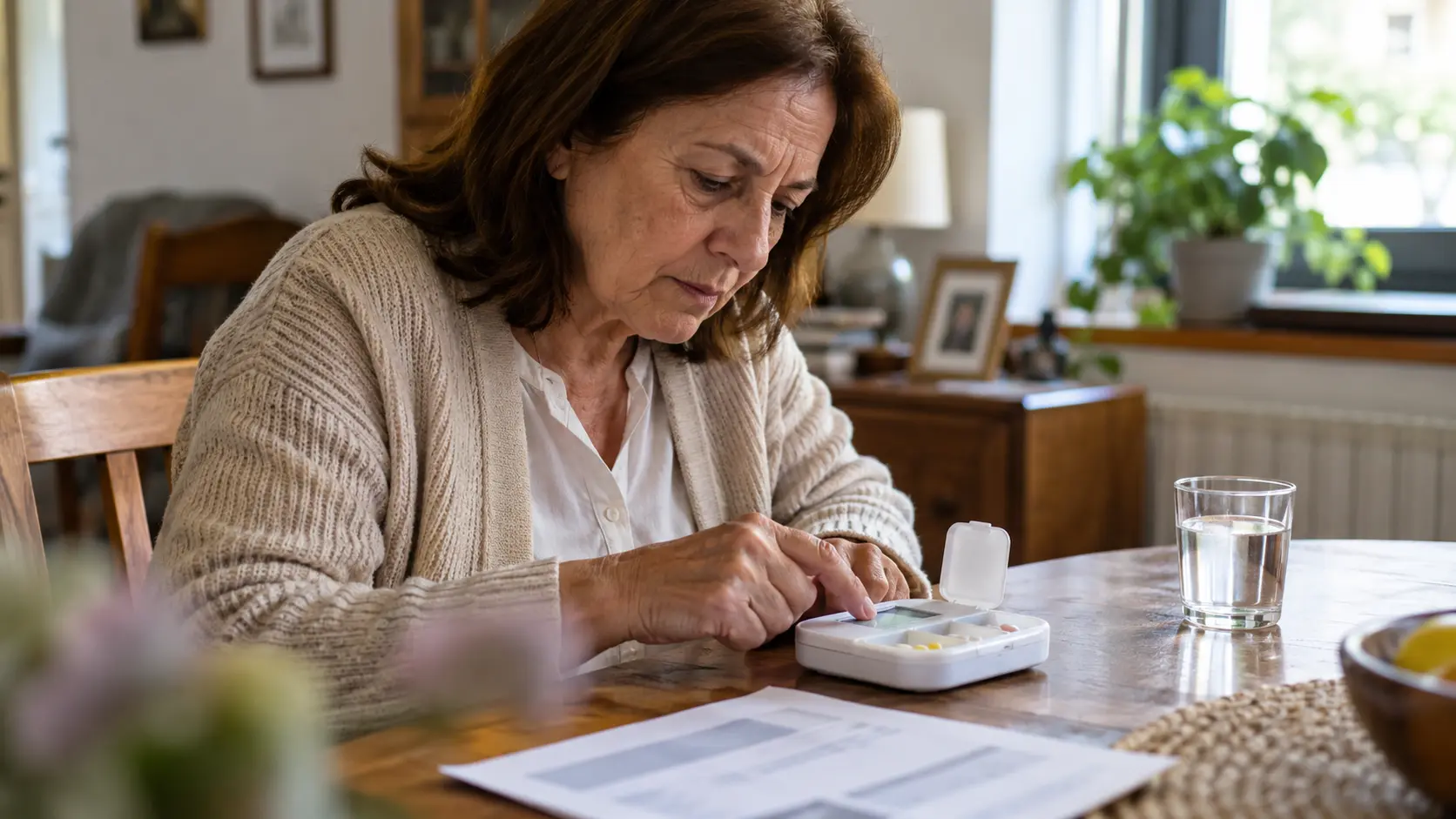 Persona adulta comprobando un pastillero con alarma y su pauta de medicación en casa