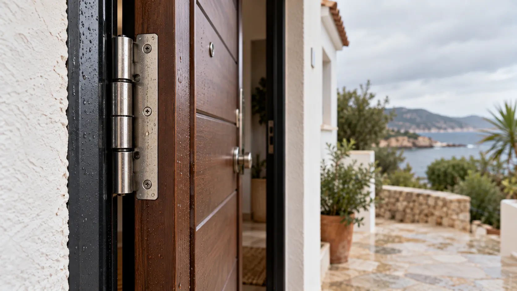 Bisagra de una puerta de entrada expuesta a la humedad en una vivienda costera.