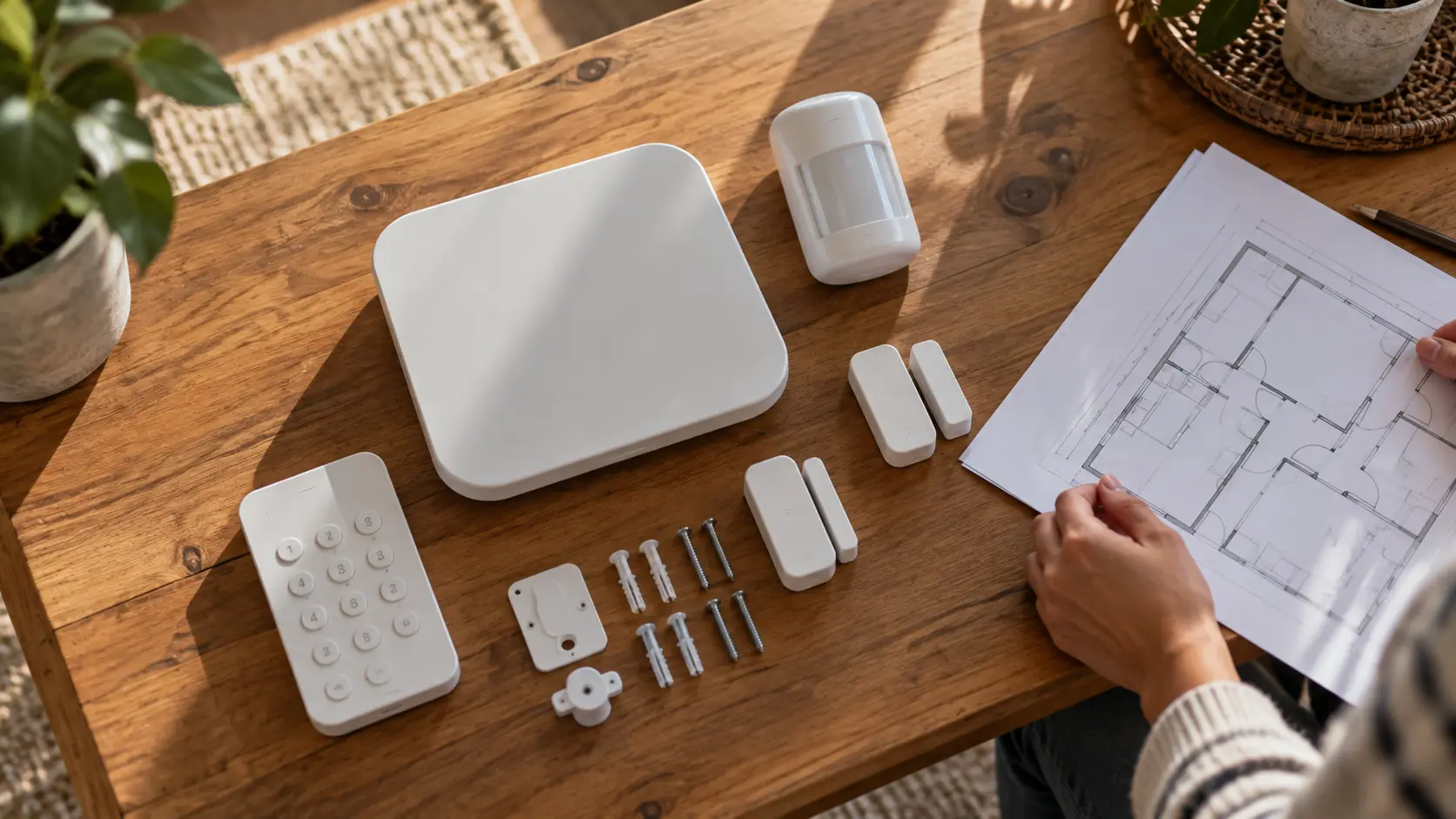Componentes de un kit de alarma doméstica preparados para su instalación.