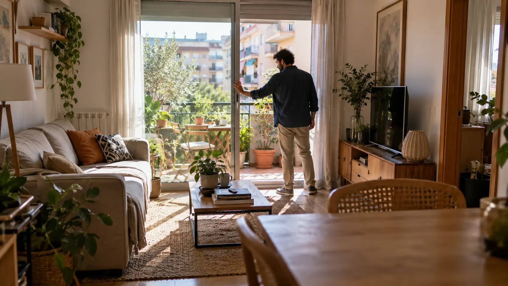 Persona cerrando una ventana de la terraza antes de salir de casa