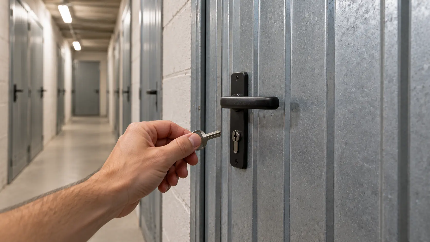 Persona con la llave de su trastero frente a la puerta cerrada.