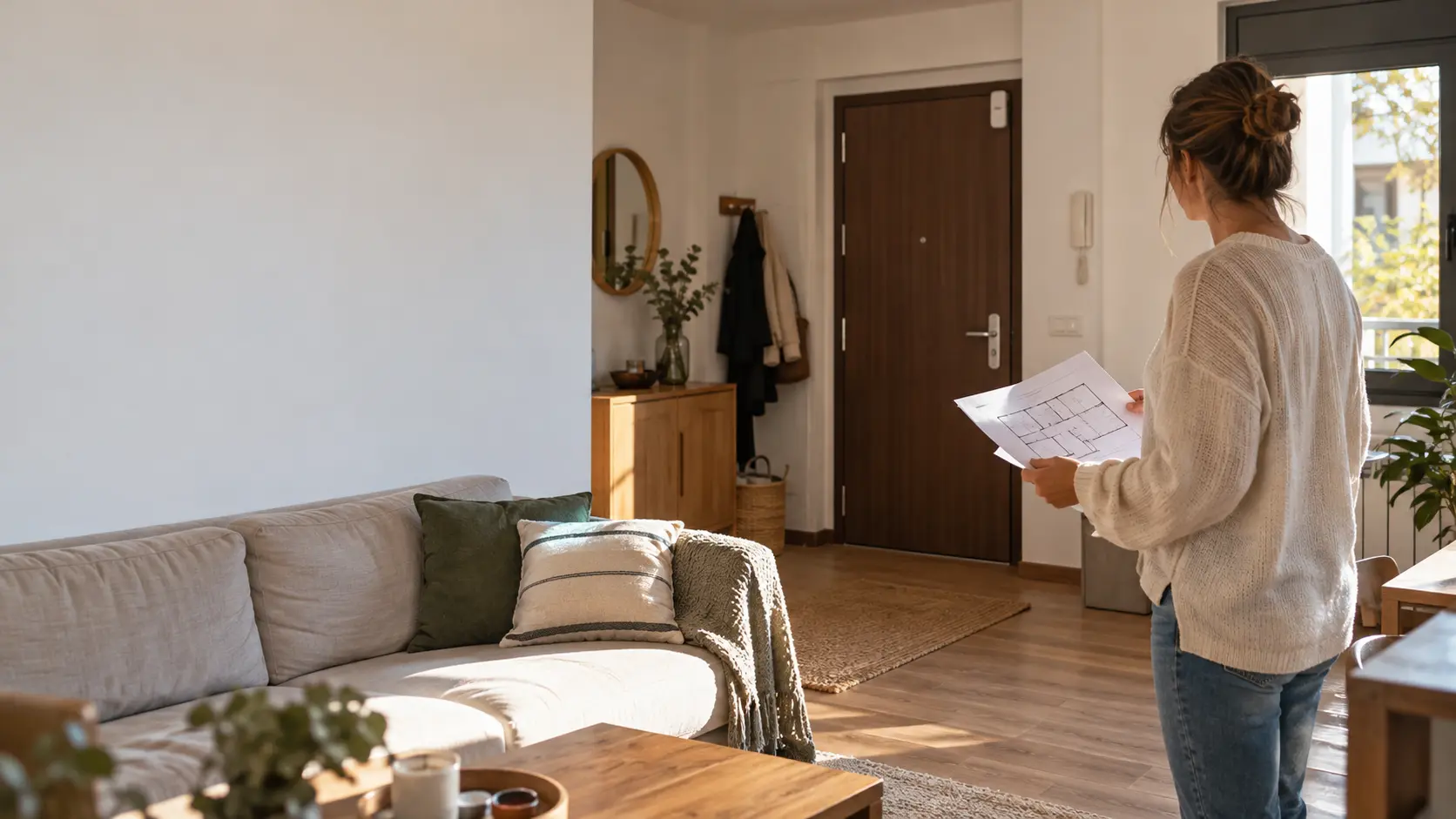 Persona revisando los accesos de su vivienda antes de elegir un kit de alarma.