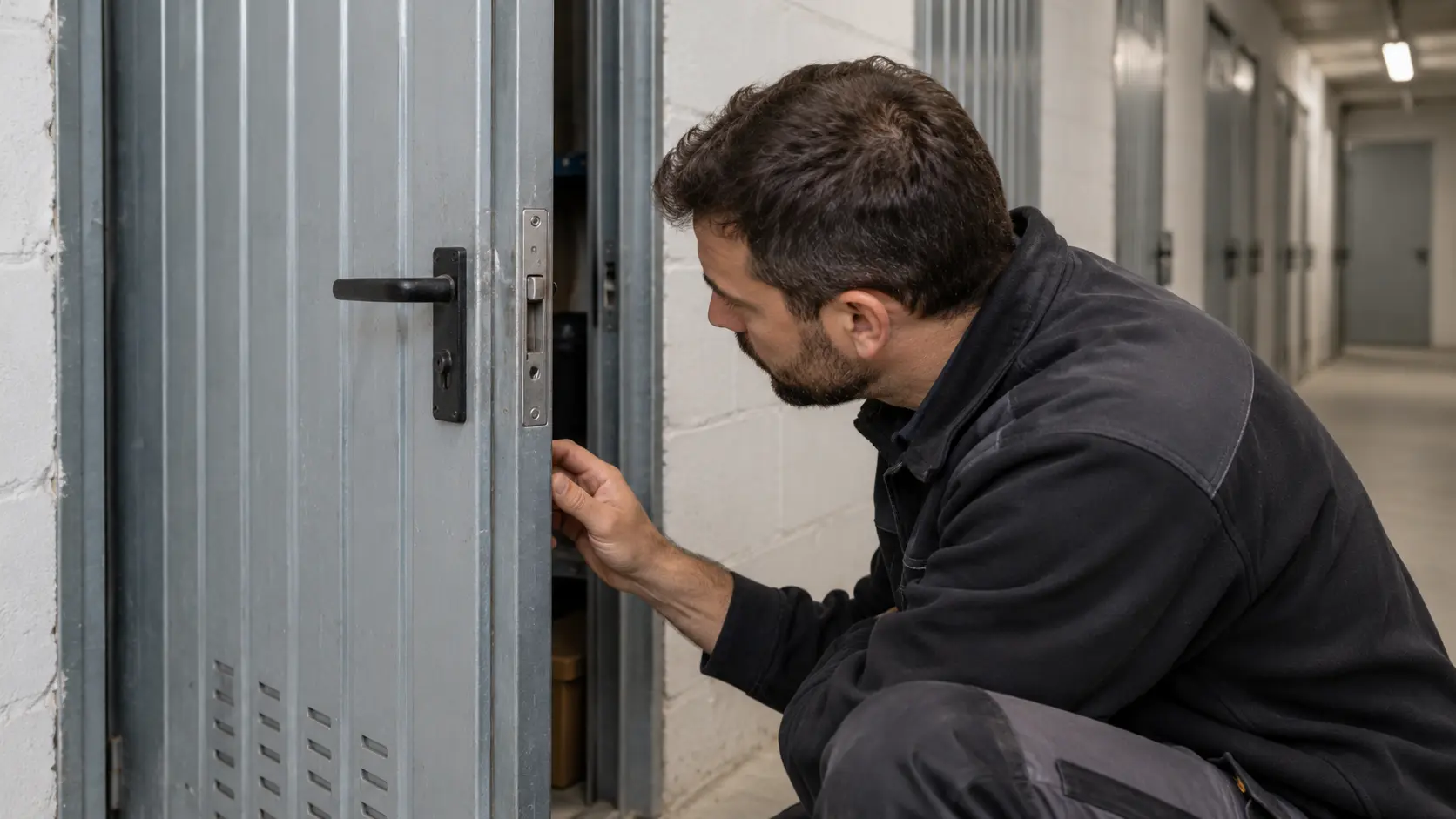 Profesional revisando la cerradura y el marco de una puerta de trastero.