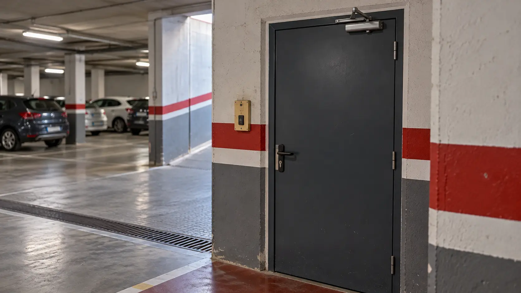 Puerta peatonal cerrada entre un garaje comunitario y el vestíbulo del edificio.