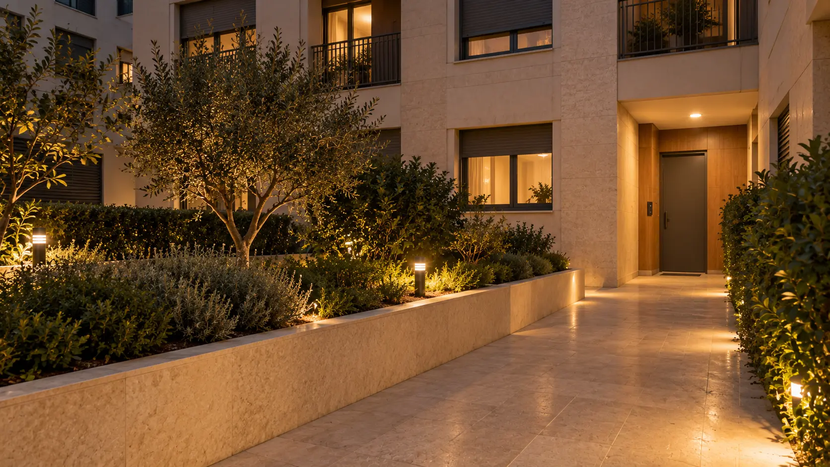 Recorrido exterior y acceso lateral de un edificio residencial al anochecer.