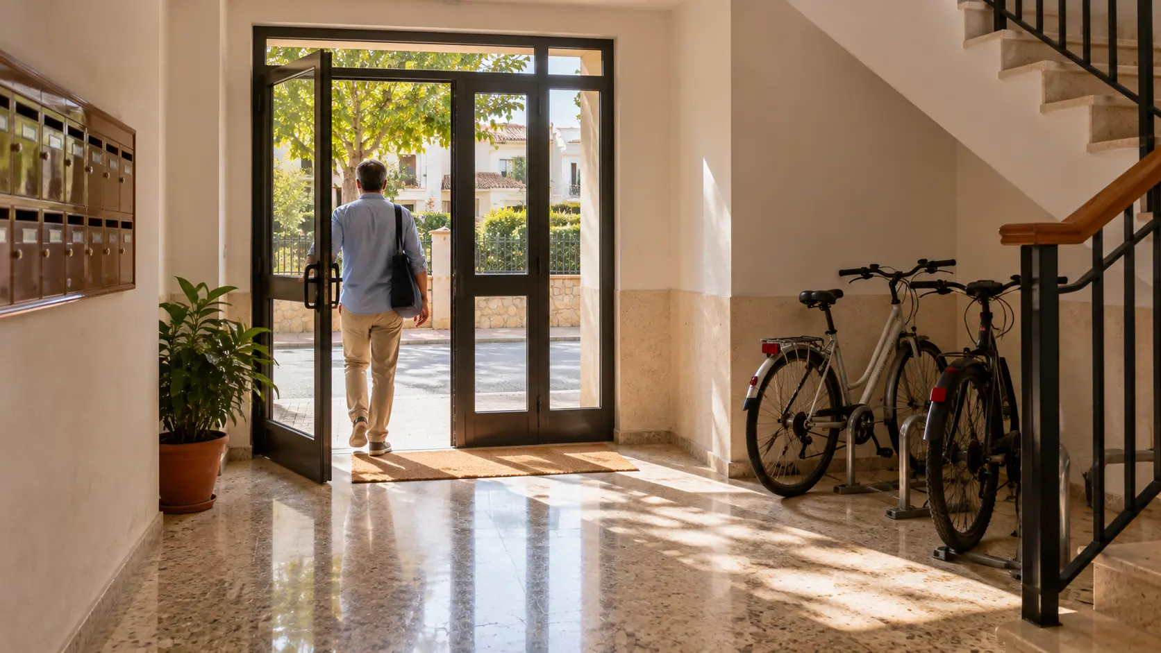 Vestíbulo residencial con acceso visible, espacio para bicicletas y recorrido peatonal libre